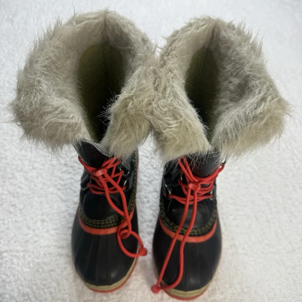 Sorel Joan of Artic Waterproof Boots Orange Black Faux Fur‎ size 5 Youth/ 7 WMN